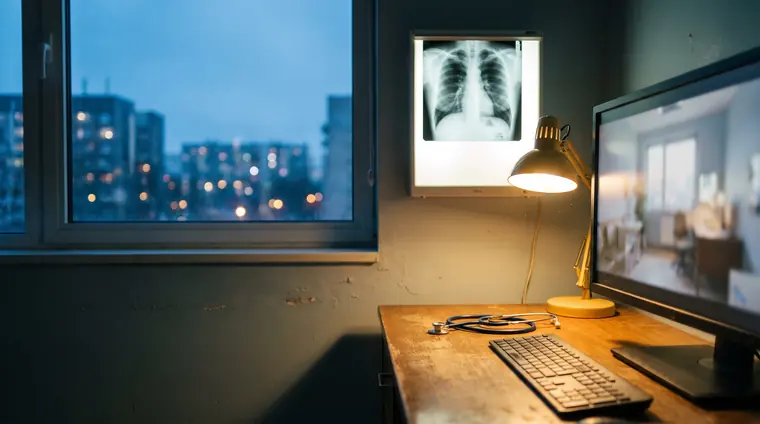 Gabinete de especialista num hospital da cidade, com uma radiografia no negatoscópio e a ligação de vídeo no monitor
