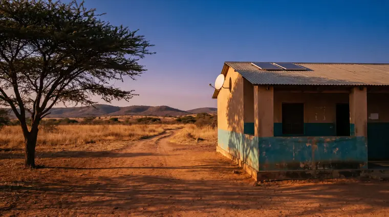 Posto de saúde rural ao fim da tarde, com painéis solares e antena de satélite no telhado